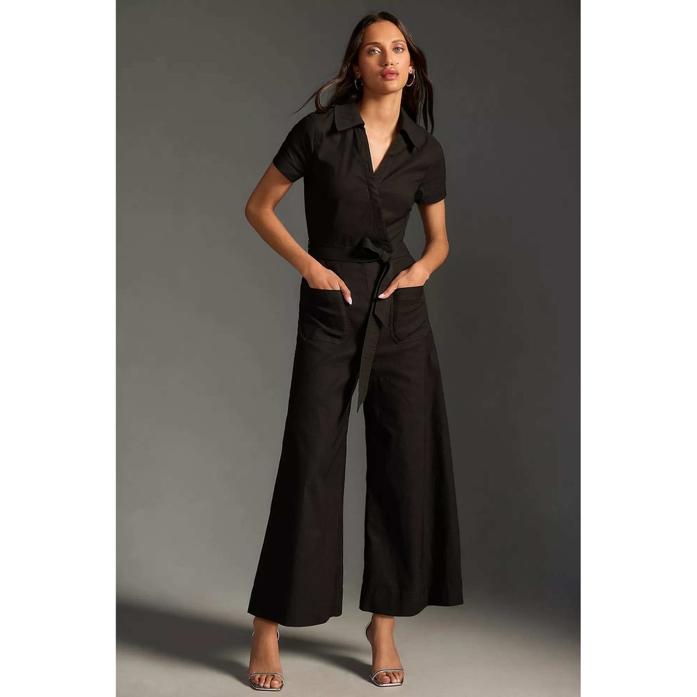 Maeve Black Short-Sleeve Wide-Leg Utility Jumpsuit